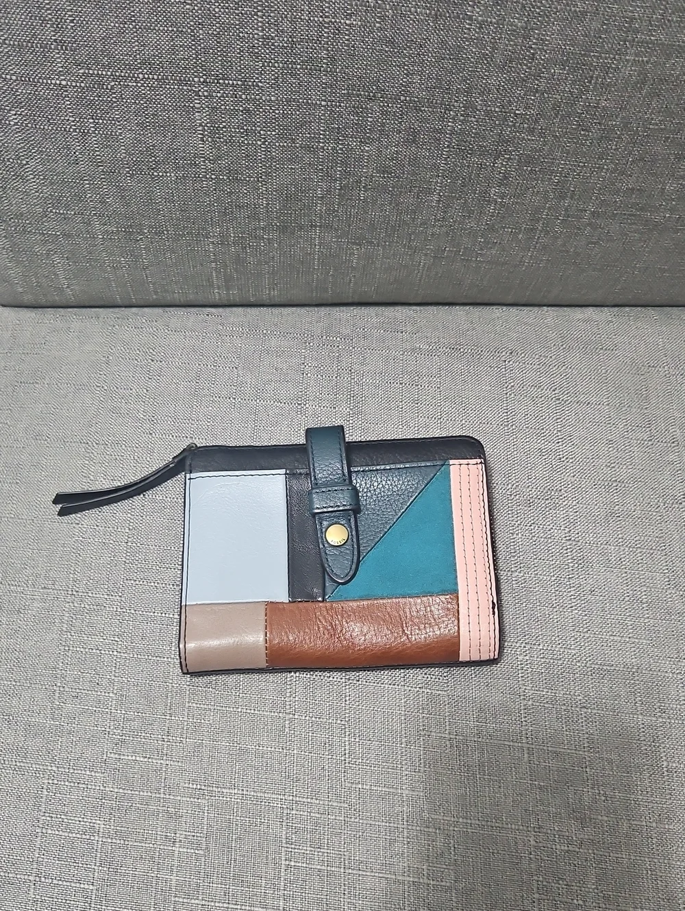 Fossil Patchwork Leather Zip Wallet in Teal, Pink, Brown